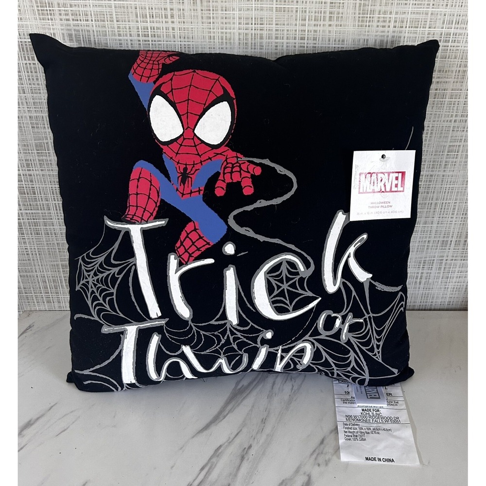 Marvel Spider-Man Halloween Throw Pillow Square 16" x‎ 16" New! Black Cobwebs